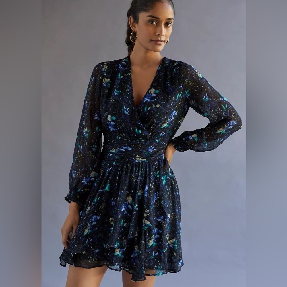 Anthropologie Ruched Floral Long Sleeve Mini Dress Blue & Black Floral Print - L